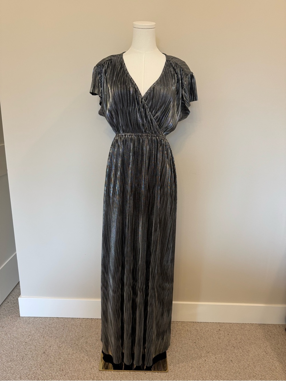 Maternity Metallic Silver Pleated Maxi Dress